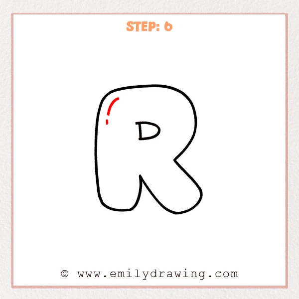 how to draw a bubble letter r - Step 6 of an easy step-by-step drawing tutorial for a bubble letter r, adding small shine highlights on the upper-left inside of the bubble letter.